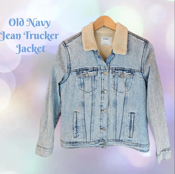Old Navy Womens Light Denim Trucker Jacket Sz L Faux Sherpa Cozy & Warm Pockets - Picture 1 of 10